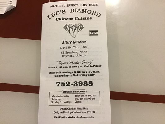 Menu photo 1 Luc's Diamond Restaurant Raymond, AB Menu photo 1 Luc's Diamond Restaurant Raymond, AB