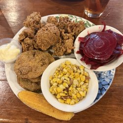 Meat & 3! Chicken Livers, fried corn, pickled beets, fried green tomatoes.