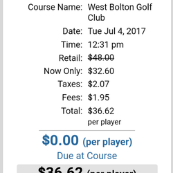 West Bolton Golf Club - This is online pricing for B4 3pm.. i paid 77$ that is 41$ more than advertised. This price INCLUDES  grees fees and a cart