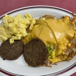 MVP scrambled with country sausage and "All the way" hash browns