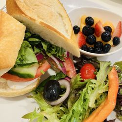 Cafe Cheri - Another view of egg sandwich on baguette with fruit and side salad