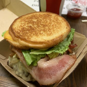 Tony Beef - Grilled cheese bun with a double beef burger, white American cheese, bacon, bacon Mayo, an egg, lettuce and mushrooms - Burgers Near Me - Galloway, New Jersey Tony Beef - Grilled cheese bun with a double beef burger, white American cheese, bacon, bacon Mayo, an egg, lettuce and mushrooms - Burgers Near Me - Galloway, New Jersey