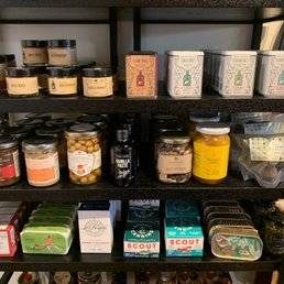 a shelf full of food items