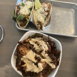 Crispy Brussel Sprouts  One Veggie Taco  One Chicken Taco