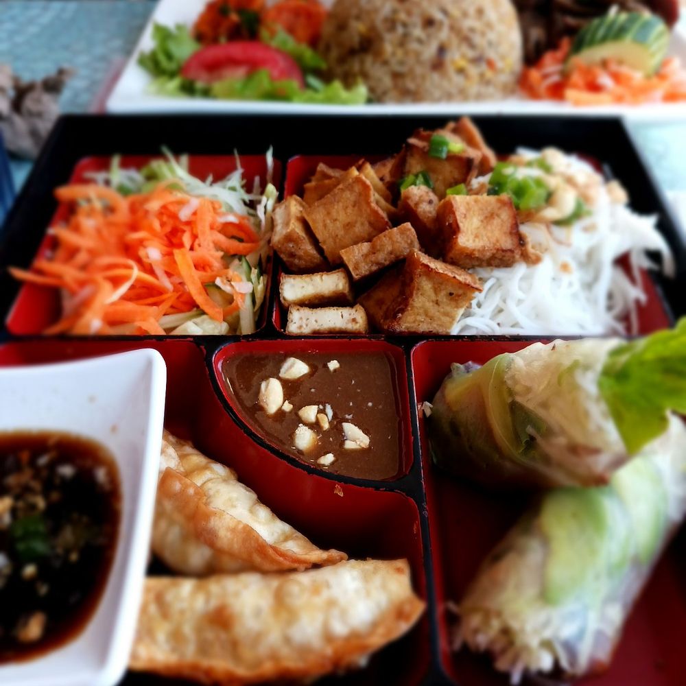 Saigon Cafe Millburn - Veggie box with vermicelli, fried egg roll, spring roll, dumpling, salad and tofu - Vietnamese Near Me - Millburn, New Jersey Saigon Cafe Millburn - Veggie box with vermicelli, fried egg roll, spring roll, dumpling, salad and tofu - Vietnamese Near Me - Millburn, New Jersey