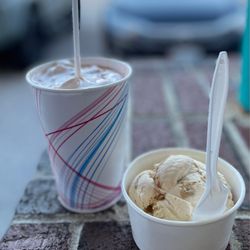 Lib's Dairy Treats - Vanilla milkshake and a scoop of salted caramel chocolate chip cookie dough