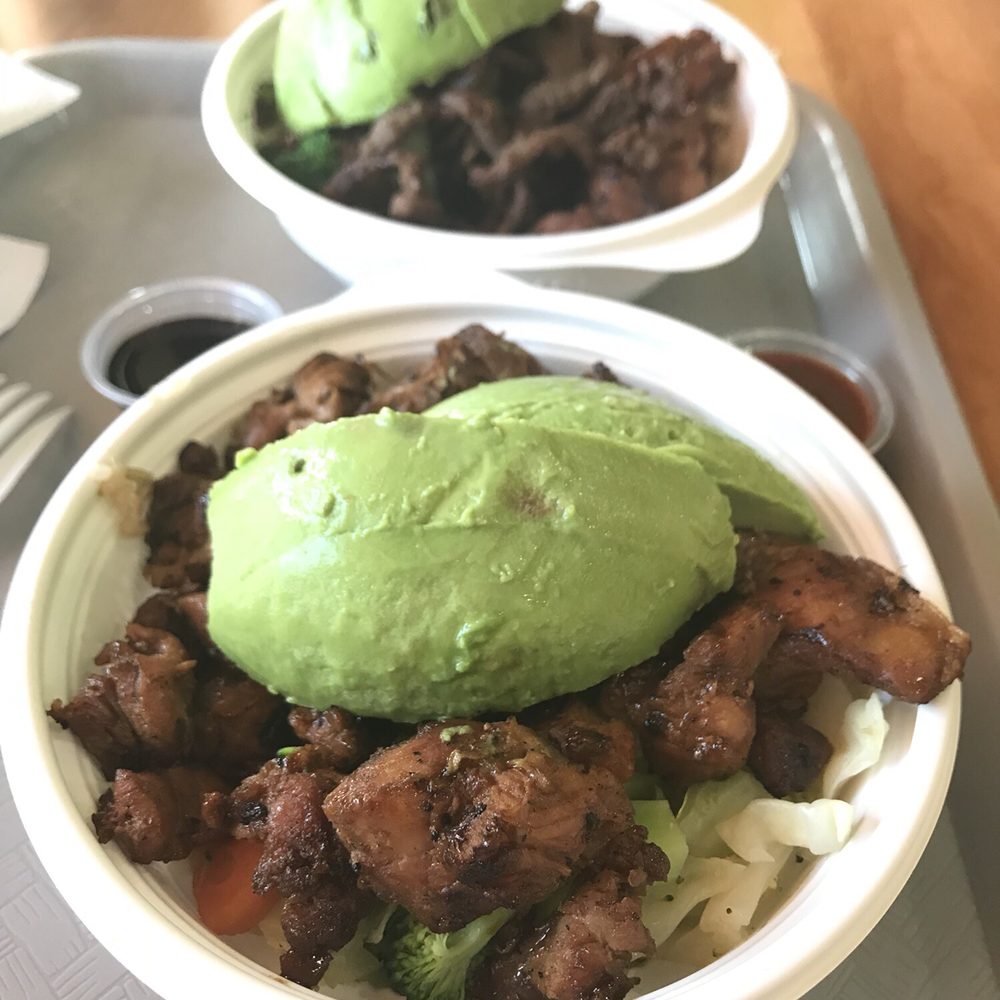 Flame Broiler - Chicken with brown rice  Back bowl: half and half - Asian Fusion Near Me - Tempe, Arizona