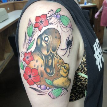 Bayou City Tattoos - Kiwi did this beautiful neotrad mommy and baby ducks. I'm obsessed - Tattoo Near Me - Houston, Texas