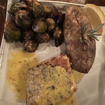 Oakside - Macadamia Crusted Filet of Alaskan Halibut with baked potato and roasted brussel sprouts - Seafood Near Me - Big Bear Lake, California