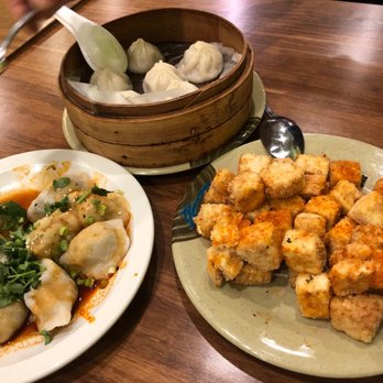 Epic Dumpling - Spicy Pork & Chive Dumpling, Shanghai Soup Dumpling in the back and Golden Crispy Tofu - Dim Sum Near Me - Sunnyvale, California Epic Dumpling - Spicy Pork & Chive Dumpling, Shanghai Soup Dumpling in the back and Golden Crispy Tofu - Dim Sum Near Me - Sunnyvale, California