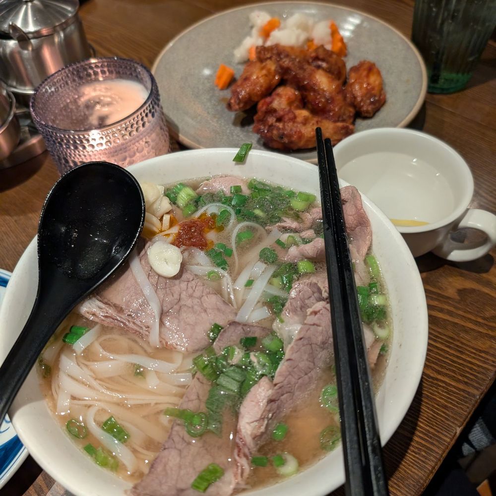 Regular pho bo with rare AAA steak, some condiments and chicken wings (second plate) Regular pho bo with rare AAA steak, some condiments and chicken wings (second plate)