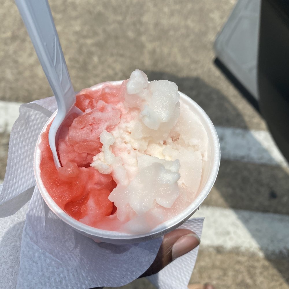 Half strawberry cheesecake and half wedding cake flavor with cream.