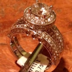 Cass Jewelers - 14K white gold vintage style wedding set. Halo engagement ring semi-mount with matching diamond wedding