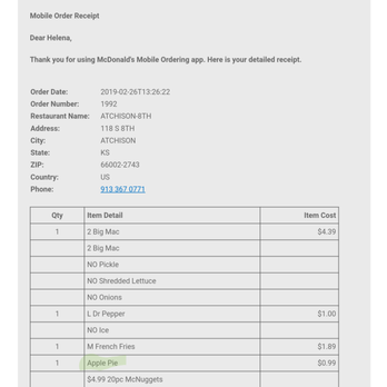 McDonald's - an invoice for a customer - Fast Food Near Me - Atchison, Kansas