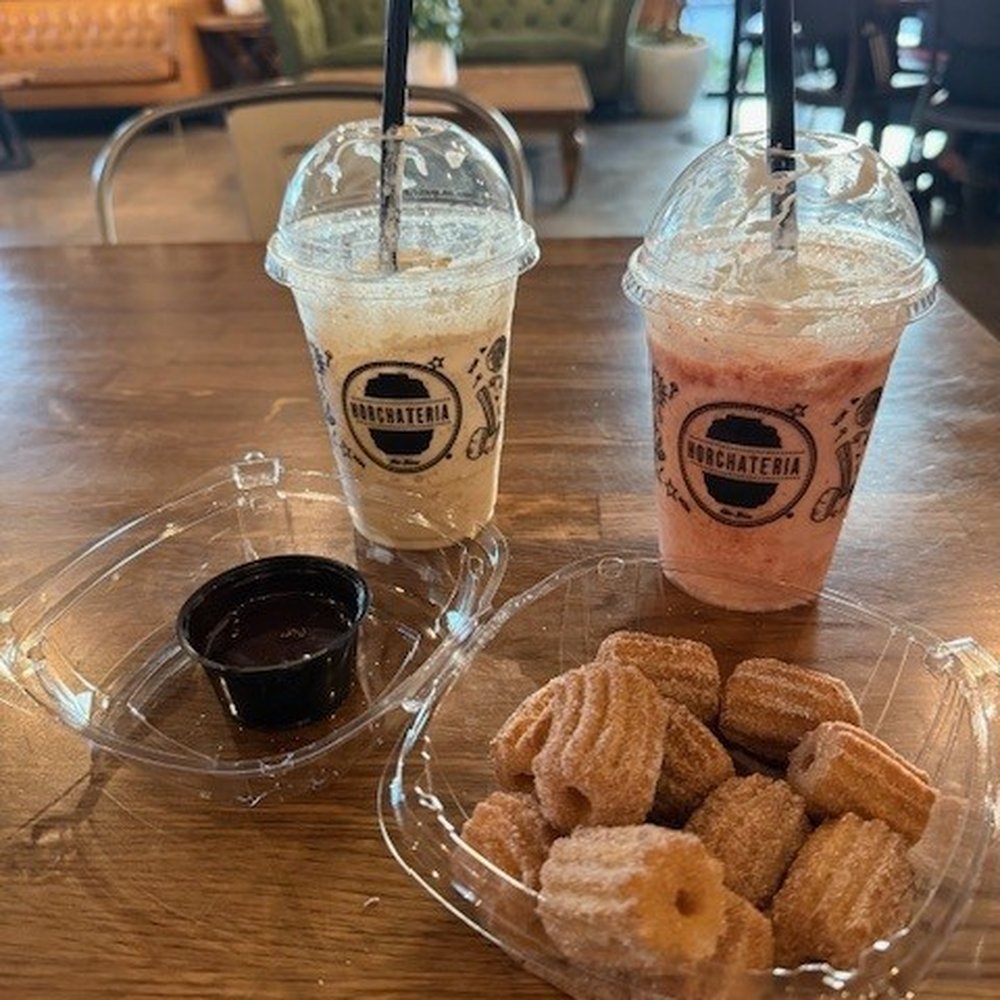 Horchateria Rio Luna - Mazapan Frappe and Strawberry Paleta Frappe with fresh mini churros and chocolate dipping sauce! - Desserts Near Me - Paramount, California Horchateria Rio Luna - Mazapan Frappe and Strawberry Paleta Frappe with fresh mini churros and chocolate dipping sauce! - Desserts Near Me - Paramount, California
