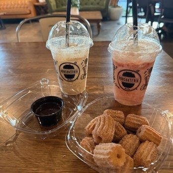 Horchateria Rio Luna - Mazapan Frappe and Strawberry Paleta Frappe with fresh mini churros and chocolate dipping sauce! - Desserts Near Me - Paramount, California