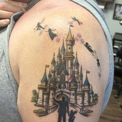 Devoted Ink - Sleeping beauty castle from Walt Disney World with Peter Pan, Wendy, Michael, John and Tinker Bell.