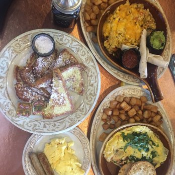 Another Broken Egg Cafe - French Toast w| turkey sausage, Southwest Scrambler w| tortilla and potatoes and a Veggie Omelet w| potatoes and muffin - Breakfast & Brunch Near Me - Houston, Texas