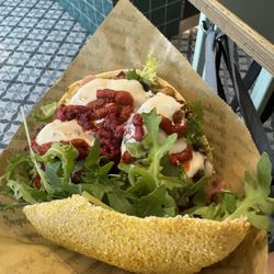 Garbanzo - The amayzin' falafel pita, it starts with the bread and it goes holy guns from there! and it's vegan. :) 8.8.24