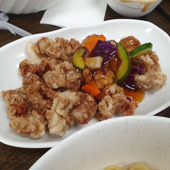 Jin Jja Roo - Perfectly cooked sweet and sour beef  The sauce is served on the side to accommodate both the dunkers and the pourers - Korean Near Me - Gardena, California