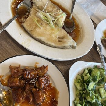 Home Cooking - Clockwise: Steamed code, cucumber salad and sweet and sour pork. - Szechuan Near Me - Chino Hills, California
