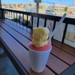 Zeppe's Italian Ice And Frozen Custard - Syracuse - Gelata! Strawberry paradise italian ice topped with Dole pineapple. Refreshing!