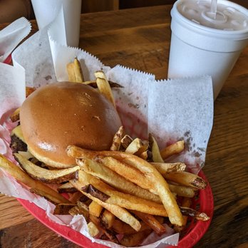 Foster's Grille - 1/2 lb. char burger, American cheese, ketchup, pickles, and fried onions and fries - Burgers Near Me - Warrenton, Virginia