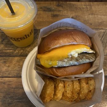 Eggslut - Sausage, Egg & Cheese + Avocado Truffle Hashbrown Fresh Orange Juice - Breakfast & Brunch Near Me - Los Angeles, California