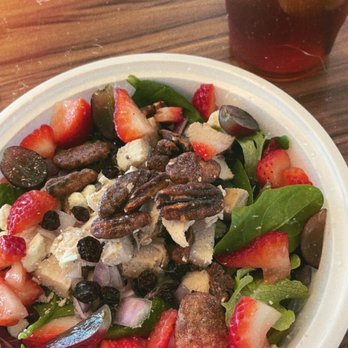 ReFresh Superfood Cafe - Strawberry Salad with chicken and a Black Tea. - Coffee & Tea Near Me - Cumming, Georgia