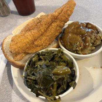 His Place Eatery - Fried Catfish w/ Collard Greens and Dressing - Southern Near Me - Indianapolis, Indiana