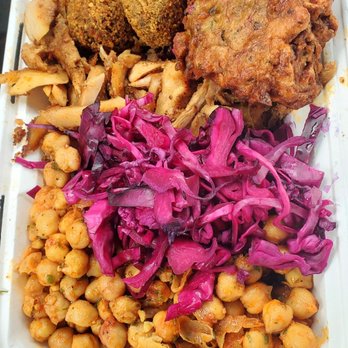 Hummus Mediterranean - Rice bowl with brown rice, chicken gyro, falafel, fried zucchini, chick peas, and purple cabbage. Really good healthy food here. - Mediterranean Near Me - Holbrook, New York