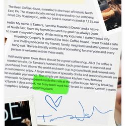 The Bean Coffee House - Business website should be edited: "me (...) work hard", use a subjective noun: "my team and I work hard".
