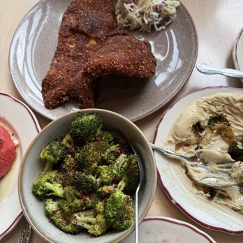 Safta - Chicken schnitzel and broccoli - Middle Eastern Near Me - Denver, Colorado