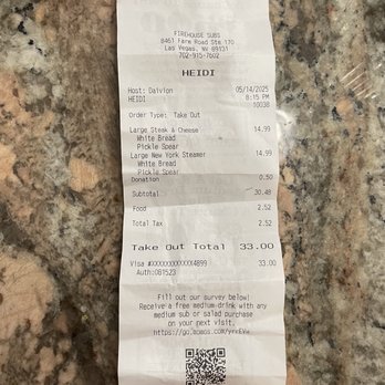 Firehouse Subs - Receipt - Sandwiches Near Me - Las Vegas, Nevada Firehouse Subs - Receipt - Sandwiches Near Me - Las Vegas, Nevada