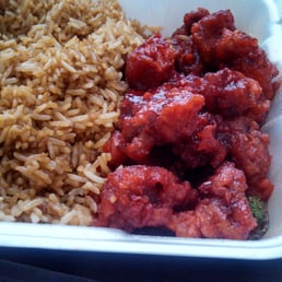 Supposed to be orange chicken. I'm not really sure what exactly this artificial red and flavorless junk is, though. Yuck. Supposed to be orange chicken. I'm not really sure what exactly this artificial red and flavorless junk is, though. Yuck.