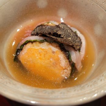 Shomon Kappo Sushi - Sakizuke course - Sockeye salmon shinjo (fish ball in center), swiss chard, kinmedai (fish type), black truffle - Sushi Bars Near Me - Seattle, Washington
