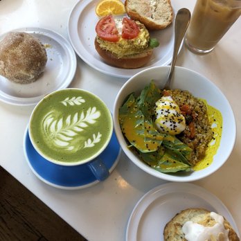 3 Little Figs - Egg and feta sandwich, brunch bowl, lavender biscuit, matcha honey latte, apple cider donut muffin (clockwise from top)--all good! - Coffee & Tea Near Me - Somerville, Massachusetts 3 Little Figs - Egg and feta sandwich, brunch bowl, lavender biscuit, matcha honey latte, apple cider donut muffin (clockwise from top)--all good! - Coffee & Tea Near Me - Somerville, Massachusetts