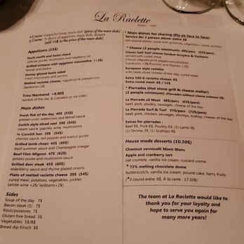 La Raclette - Recent menu with updated prices - Fondue Near Me - Montreal, Quebec