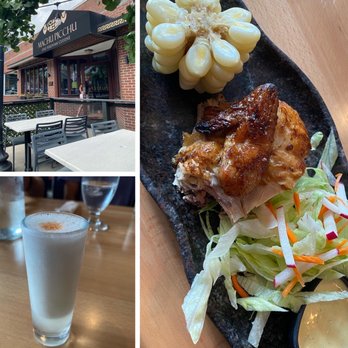 Machu Picchu - Pictured is a shot of Pisco Sour, roasted chicken, salad, and Peruvian corn on the cob. Food tour taste menu. - Peruvian Near Me - Somerville, Massachusetts