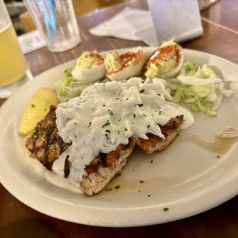 Coconuts - Daily catch: Mahi with crab salad on top and a side of deviled eggs - Seafood Near Me - Fort Lauderdale, Florida