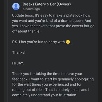 Breaks Eatery & Bar - Comment from the owner in reaponse to my review. Typical. - Breakfast & Brunch Near Me - Hays, Kansas