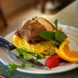 Breakfast Pretzel Roll- Warmed and loaded with scrambled eggs, California pepper jack cheese and Applewood smoked bacon.