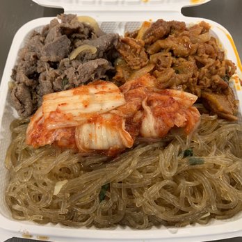 Plus 82 Korean BBQ - 2-entrée meal (plate) with beef Bulgogi and spicy pork + a full side of japchae + Kimchi. - Korean Near Me - Concord, California