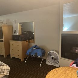 The electric fireplace, tv, microwave