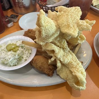 Middendorf's - Manchac - Large Thin Fried Catfish w fries, hush puppies and slaw - Seafood Near Me - Akers, Louisiana
