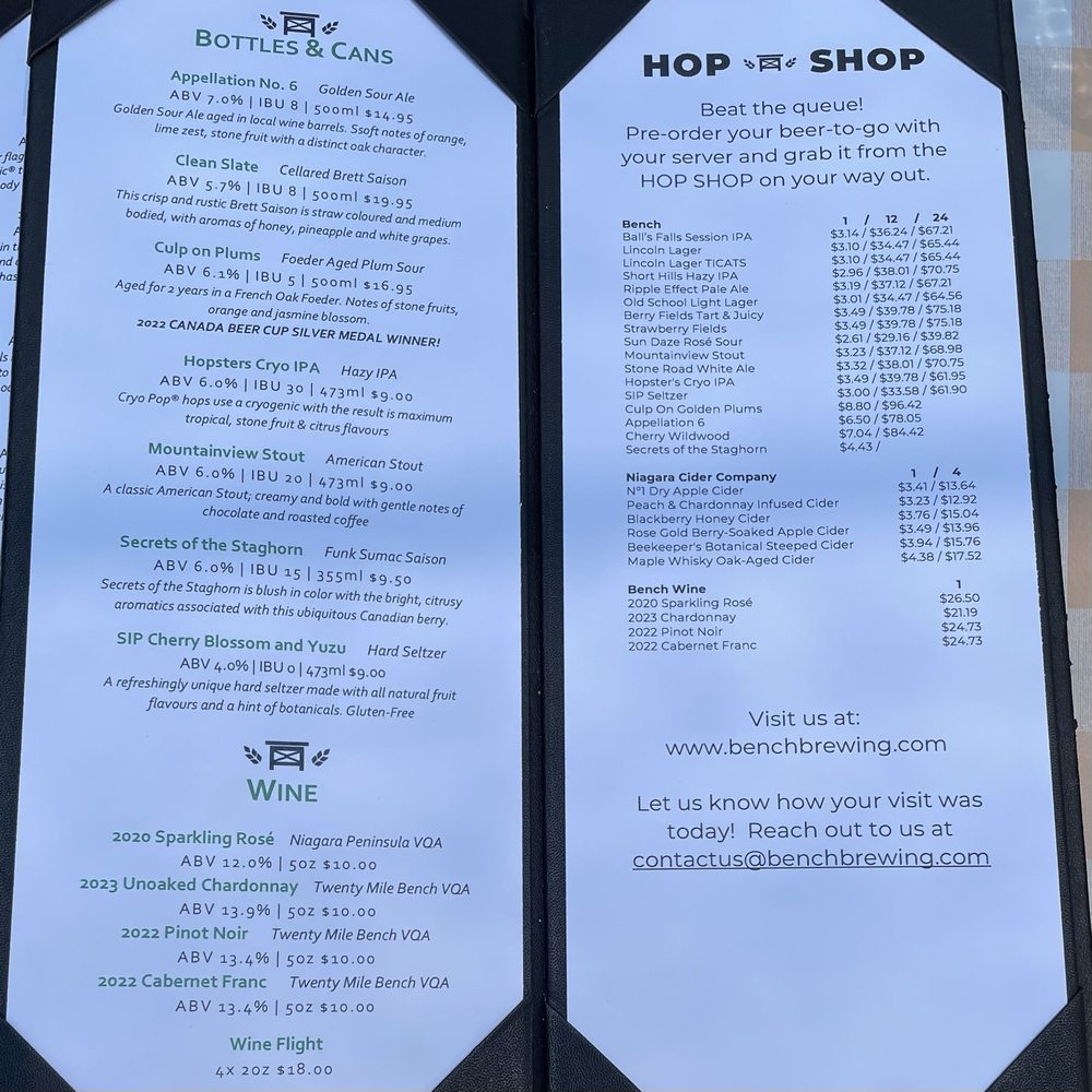 Bench Brewing - Drink menu - Brewpubs Near Me - Lincoln, Ontario Bench Brewing - Drink menu - Brewpubs Near Me - Lincoln, Ontario