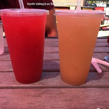 Laguna Burger - Raspberry lemonade on left Guava lemonade on right - Burgers Near Me - Albuquerque, New Mexico Laguna Burger - Raspberry lemonade on left Guava lemonade on right - Burgers Near Me - Albuquerque, New Mexico