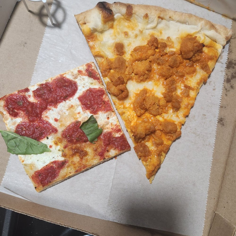 Buffalo chicken and grandma slice. Buffalo chicken and grandma slice.