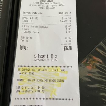 Zenor Sushi - 4% added for using card - Sushi Bars Near Me - Granada Hills, California Zenor Sushi - 4% added for using card - Sushi Bars Near Me - Granada Hills, California