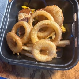 Onion rings a grilled cheese and fries